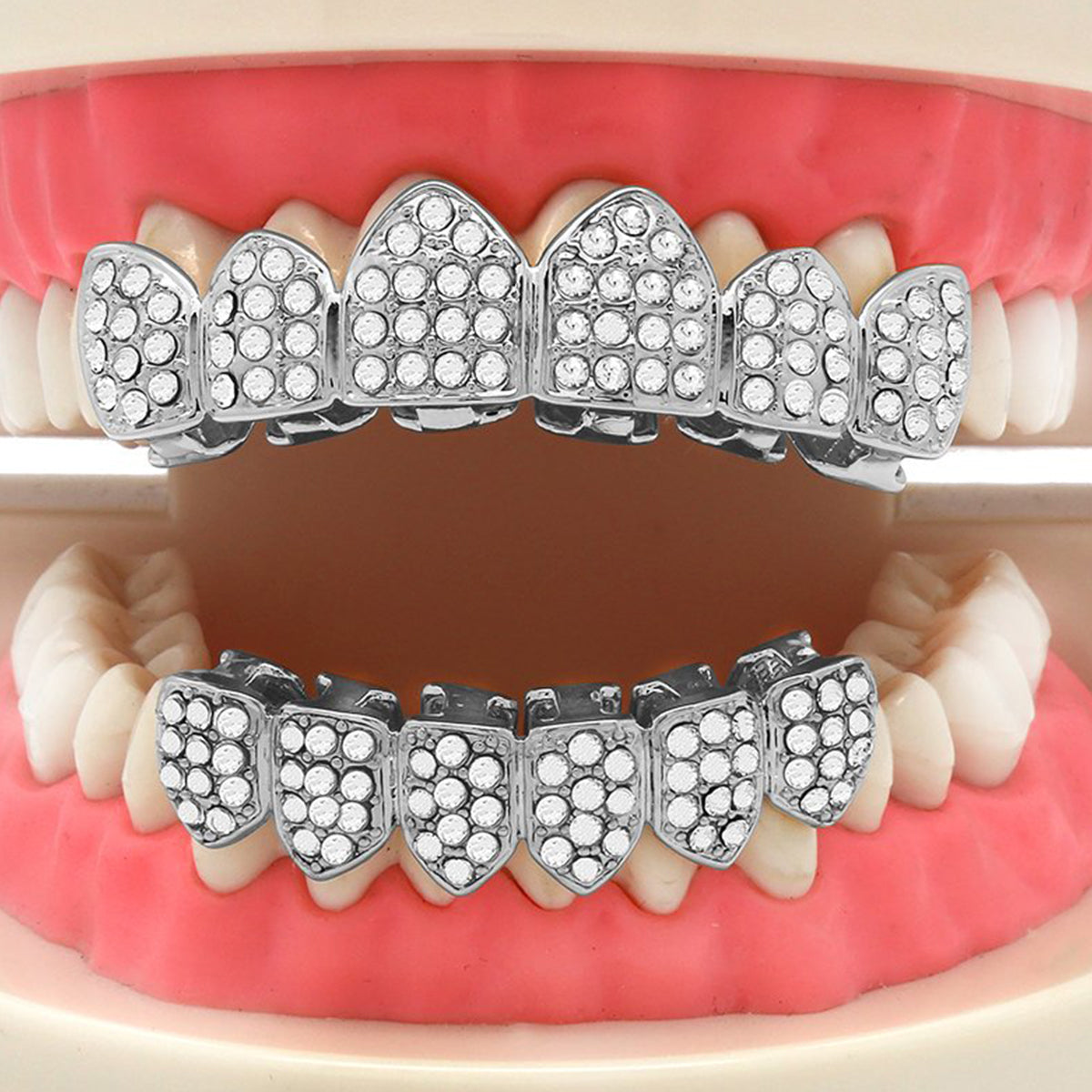 BEST GRILLZ™ — Silver Fully Iced Top & Bottom Set