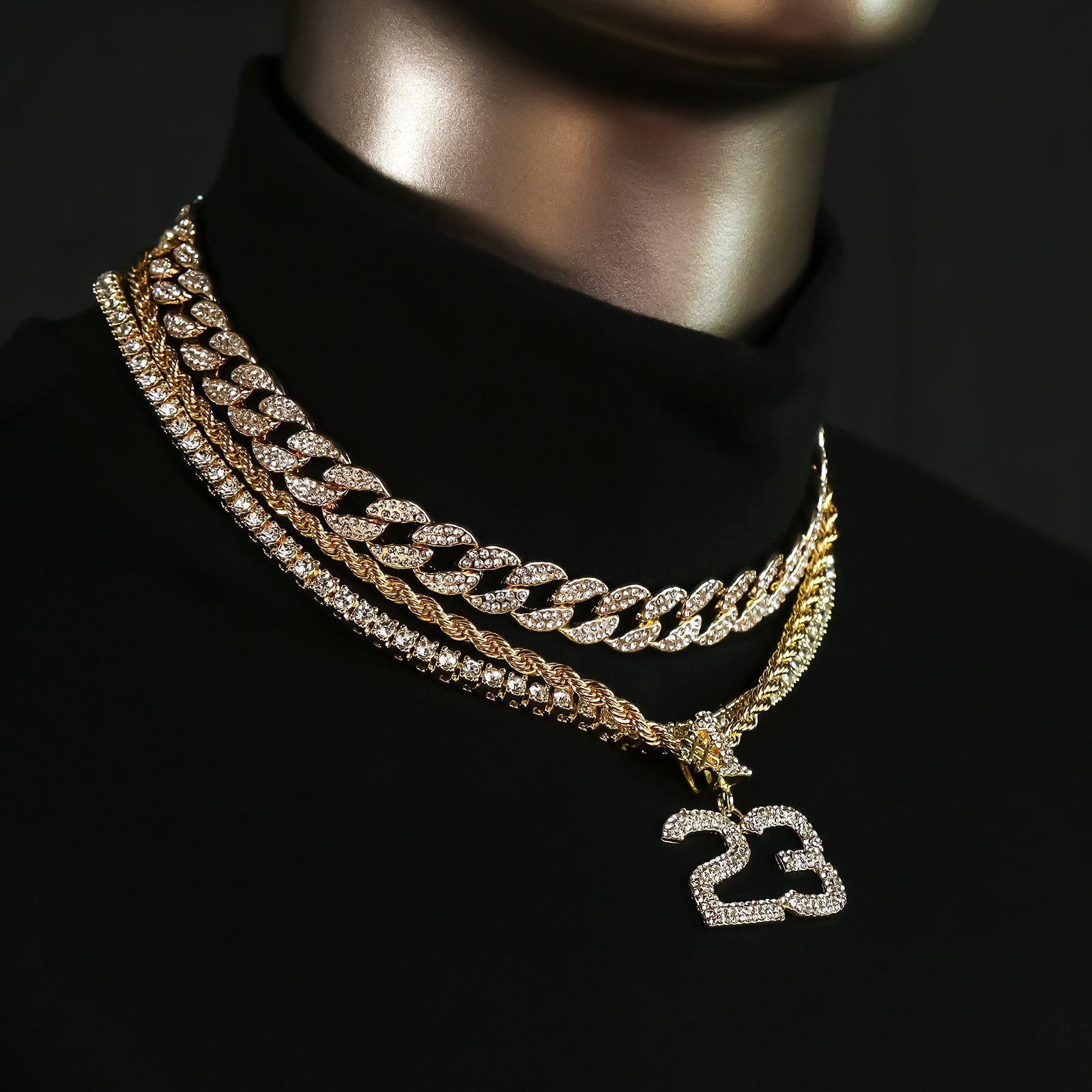 4-piece Cuban, Tennis & Rope chain bundle with #23 pendant (gold)