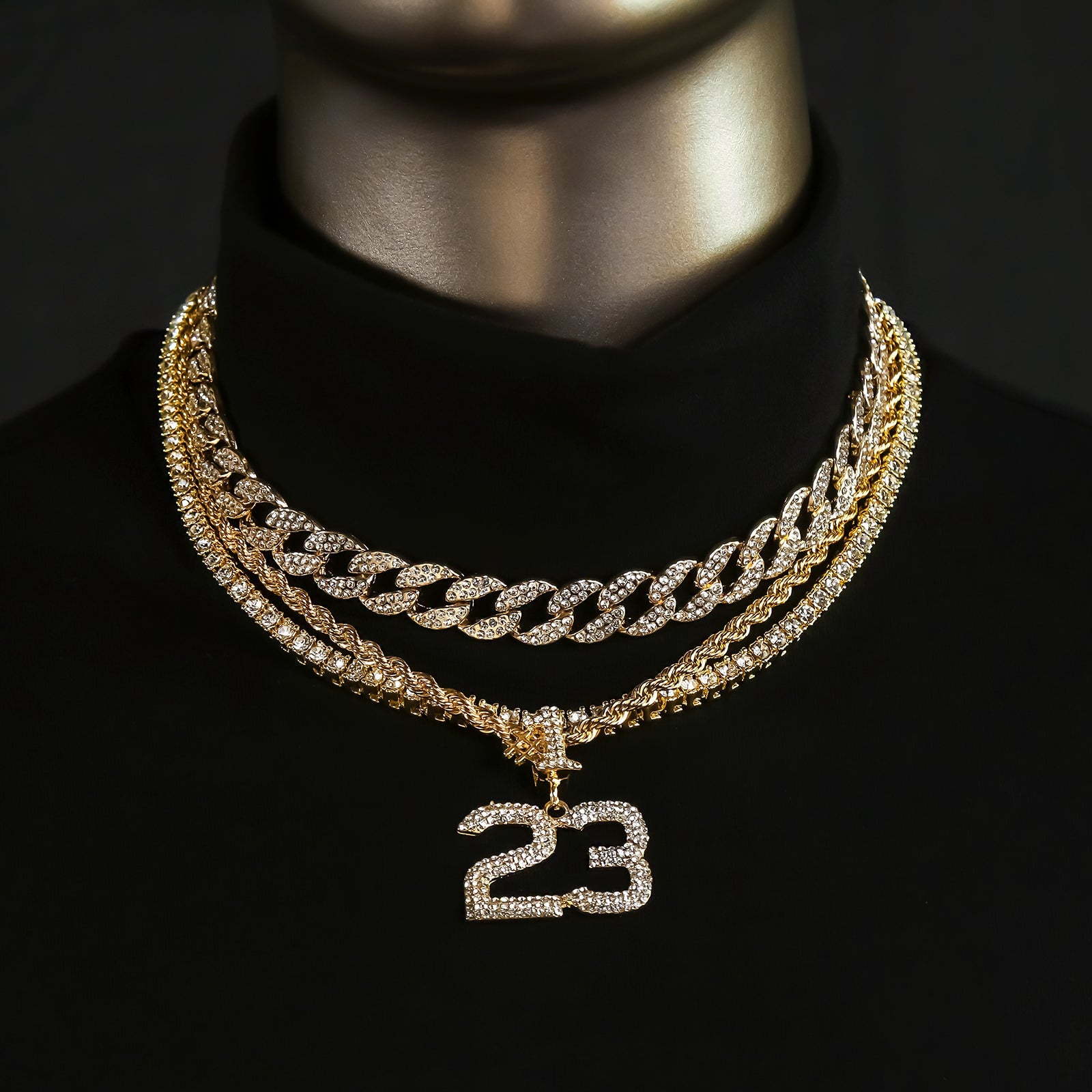 4-piece Cuban, Tennis & Rope chain bundle with #23 pendant (gold)