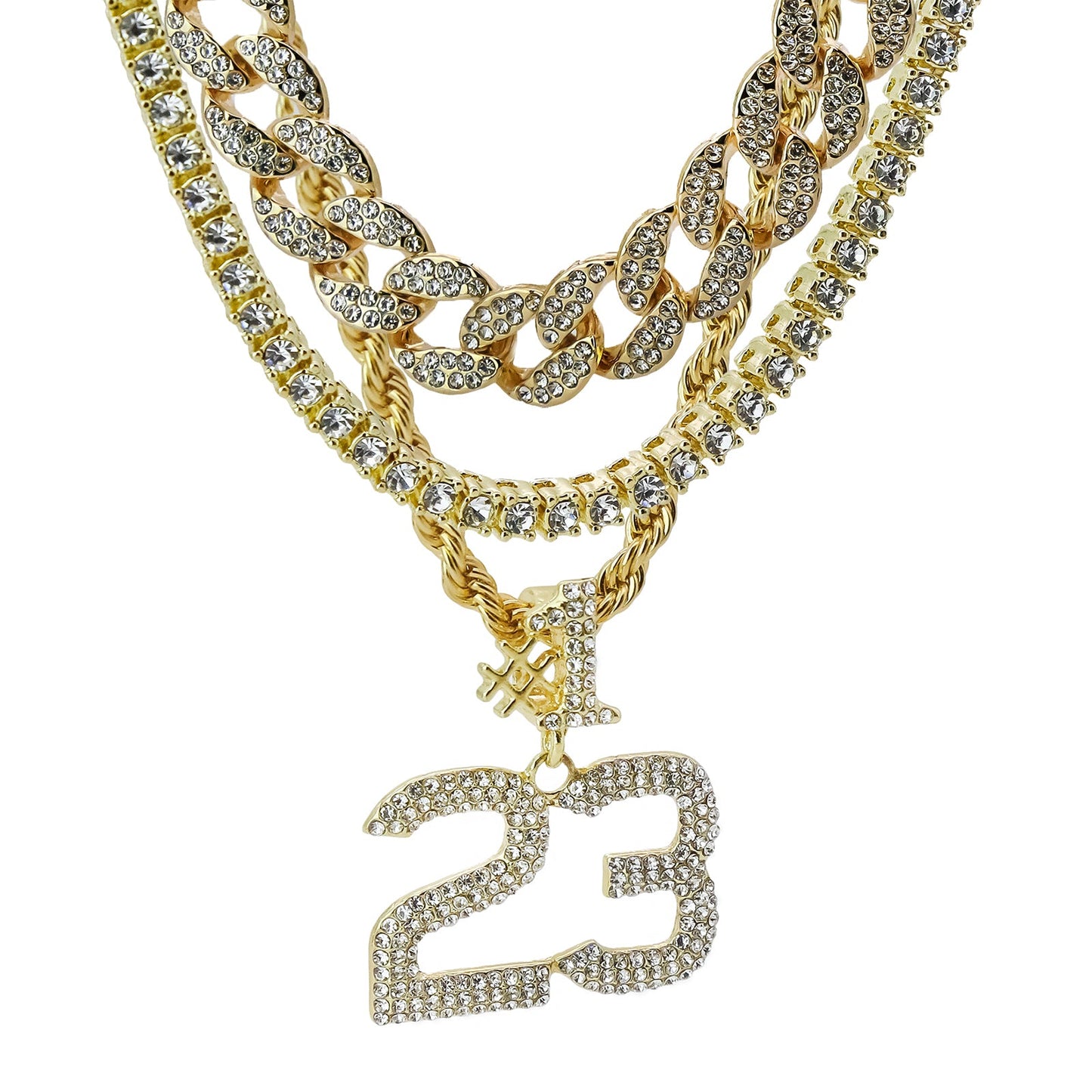 4-piece Cuban, Tennis & Rope chain bundle with #23 pendant (gold)