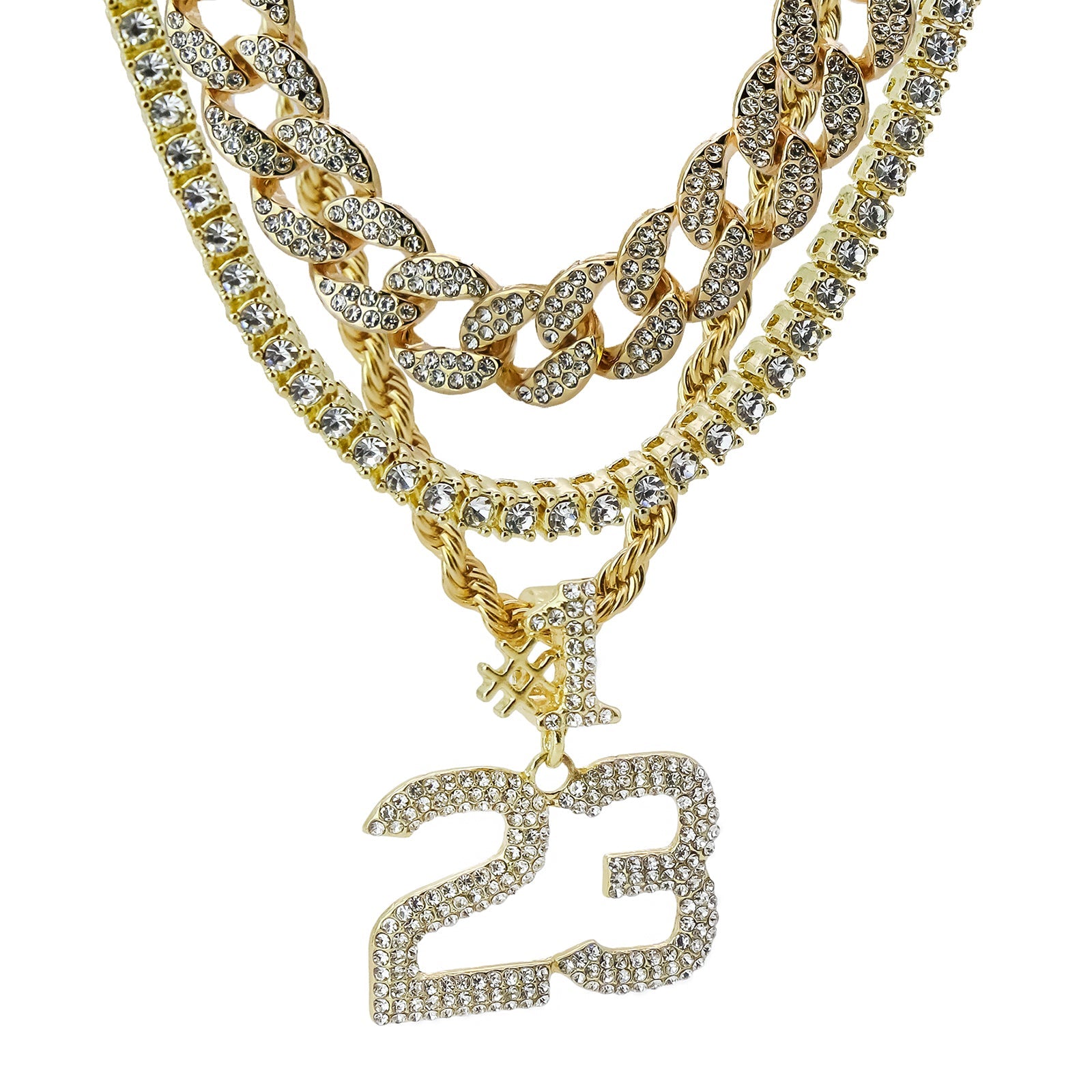 4-piece Cuban, Tennis & Rope chain bundle with #23 pendant (gold)