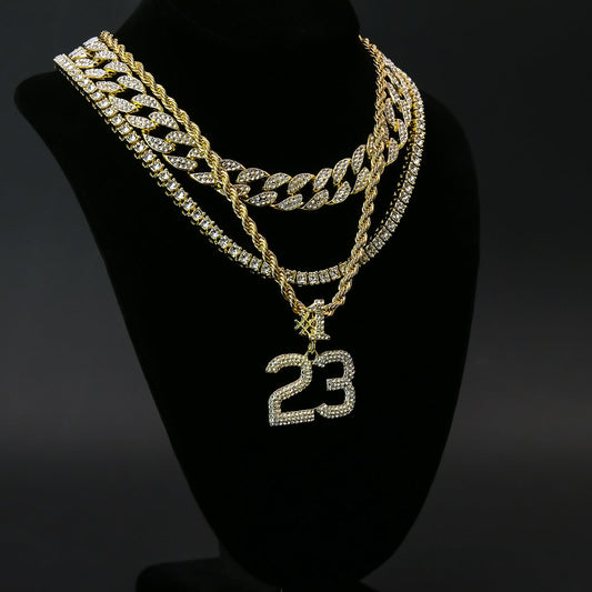 4-piece Cuban, Tennis & Rope chain bundle with #23 pendant (gold)